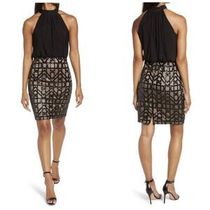 NWT Vince Camuto Women's 16 Sequin Black Tan Halter Neck Cocktail Dress